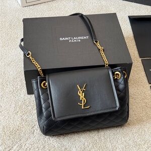 Saint Laurent Black Quilted Shoulder Bag with Gold Accents